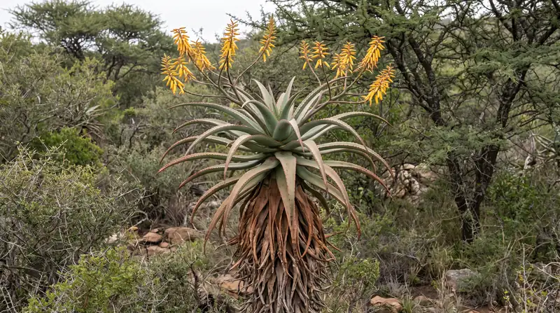 Aloe africana con fusto eretto coperto di foglie secche, rosetta di foglie grigio-verdi ricurve e racemi di fiori giallo-arancio piegati verso l'alto
