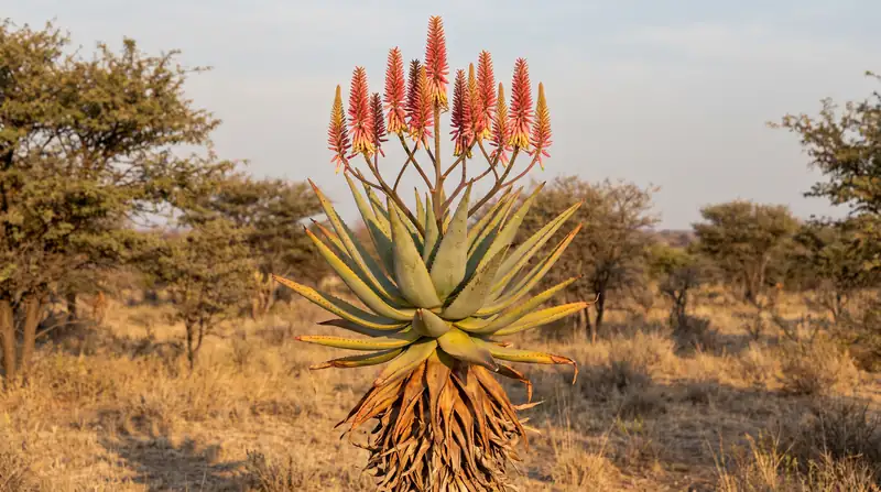 Aloe littoralis con fusto singolo rivestito di foglie secche, rosetta grigio-verde e infiorescenza molto ramificata di spighe rosa nella savana