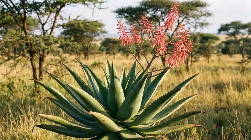 Grande rosetta di Aloe secundiflora con foglie larghe verde opaco e denti bruni, con infiorescenza ramificata di fiori rosa-rosso nella savana